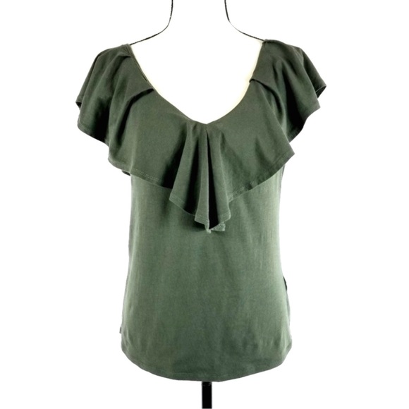 Eri + Ali Anthropologie Ruffle off Shoulder Olive Green Khaki Short Sleeve Top - Picture 2 of 12